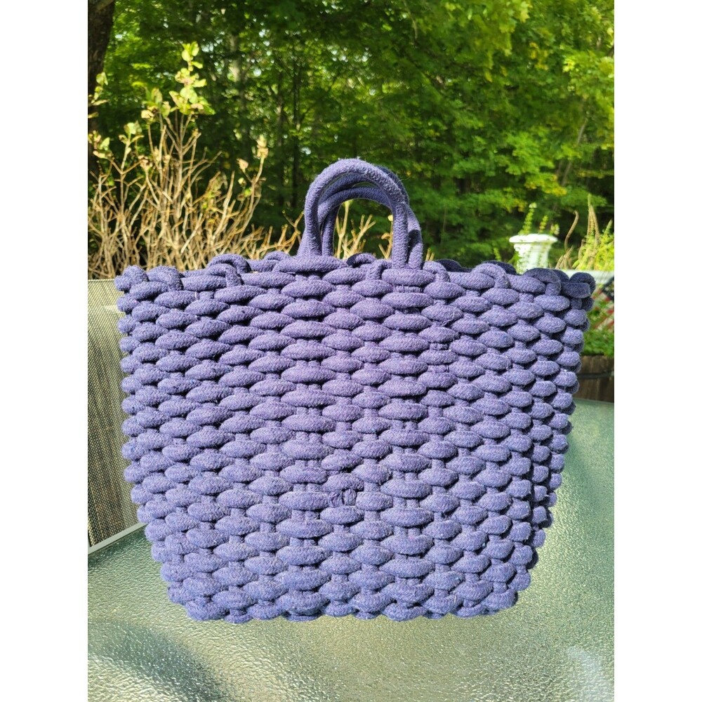 Handmade Chunky Yarn Basket Bag Blue Hand Knitted Boho Tote Purse